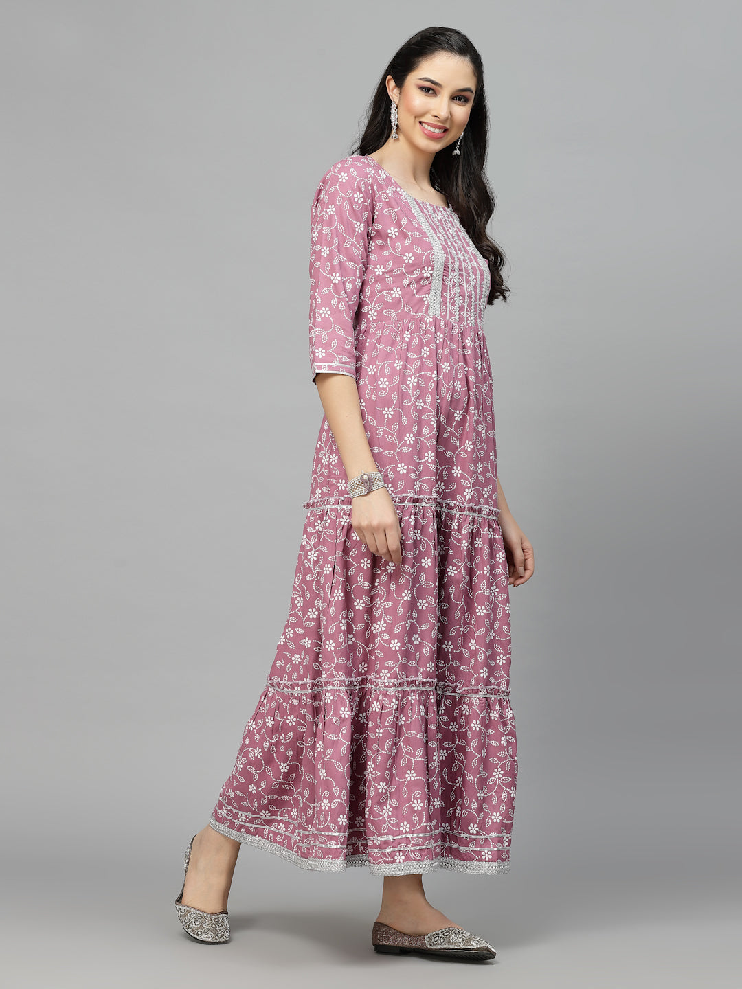 Printed &amp; Embellished Rayon Tiered Kurta