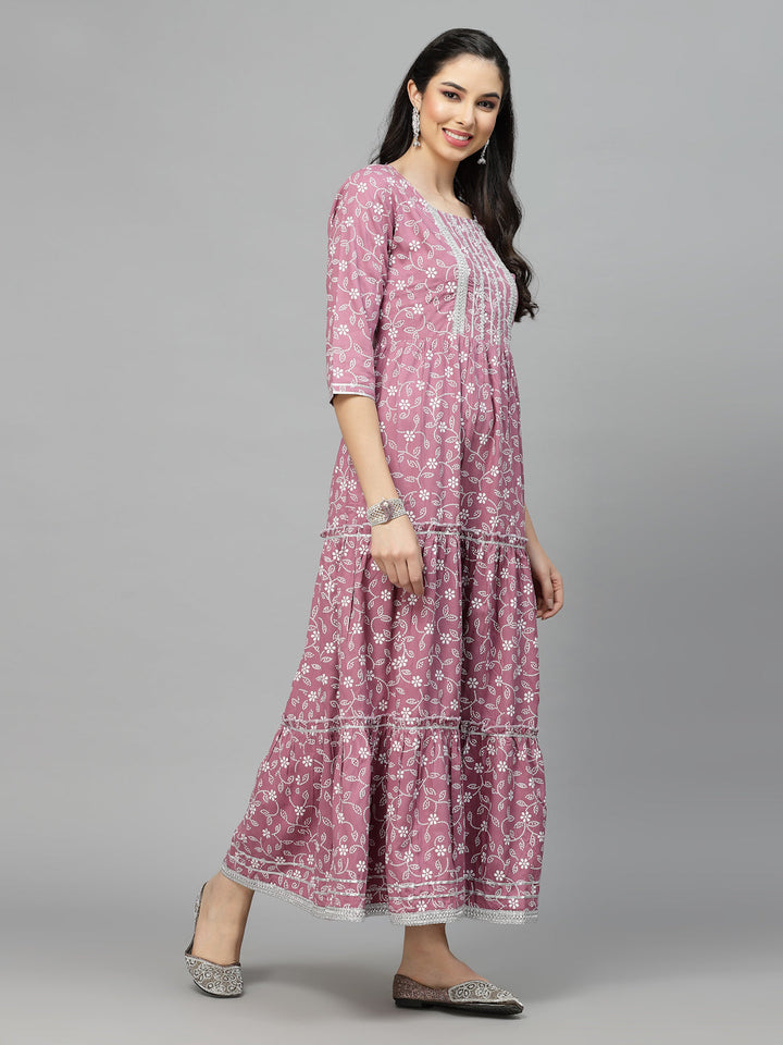 Printed &amp; Embellished Rayon Tiered Kurta