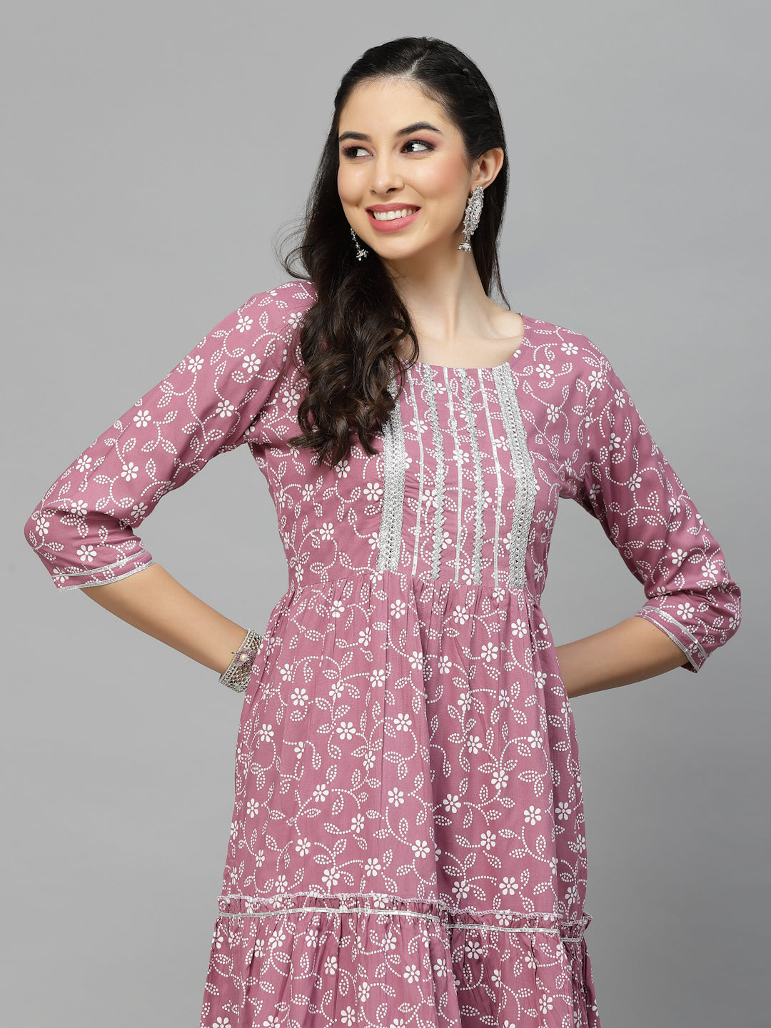 Printed &amp; Embellished Rayon Tiered Kurta