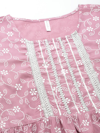 Printed & Embellished Rayon Tiered Kurta