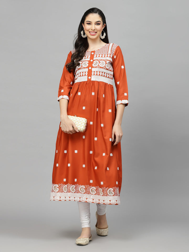 Embroidered Rayon Flared Kurta