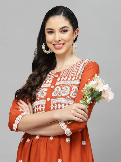 Embroidered Rayon Flared Kurta