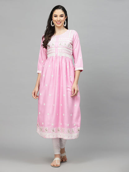 Embroidered Rayon Flared Kurta