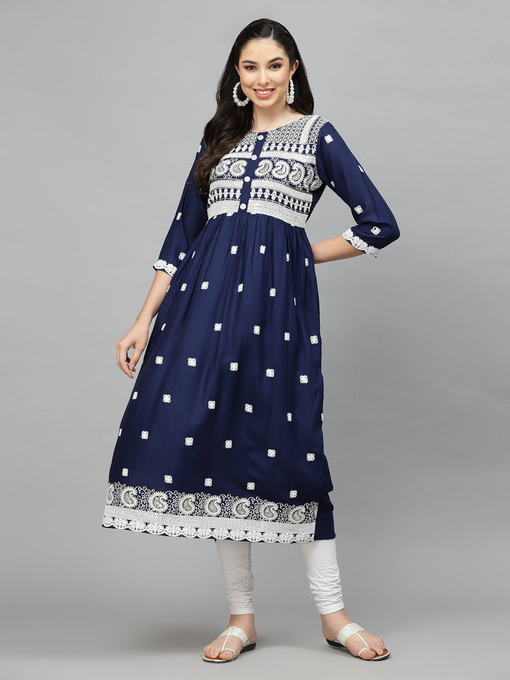 Embroidered Rayon Flared Kurta