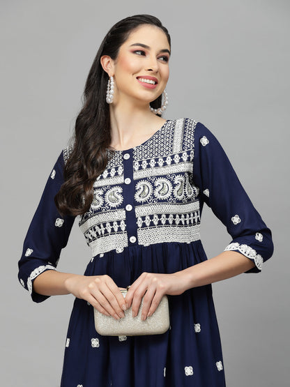 Embroidered Rayon Flared Kurta