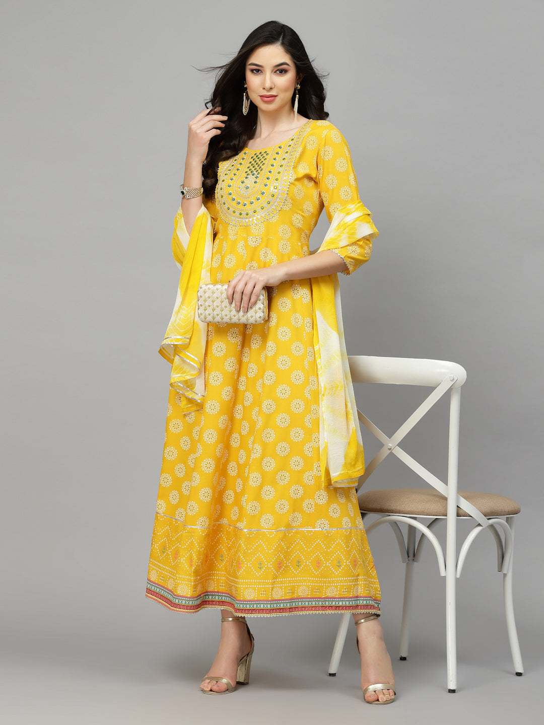 Printed &amp; Embroidered Rayon Anarkali Kurta With Dupatta