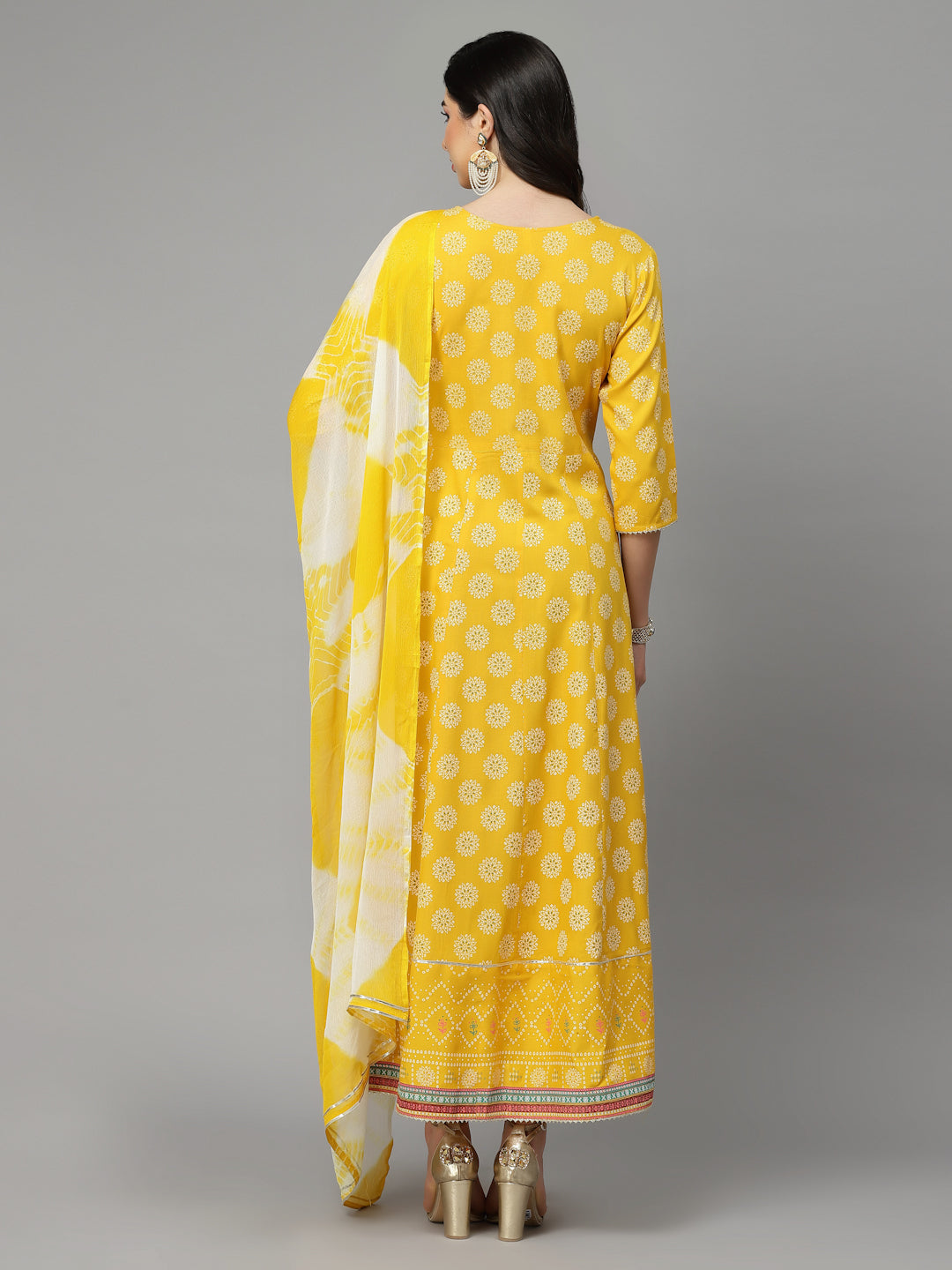 Printed &amp; Embroidered Rayon Anarkali Kurta With Dupatta
