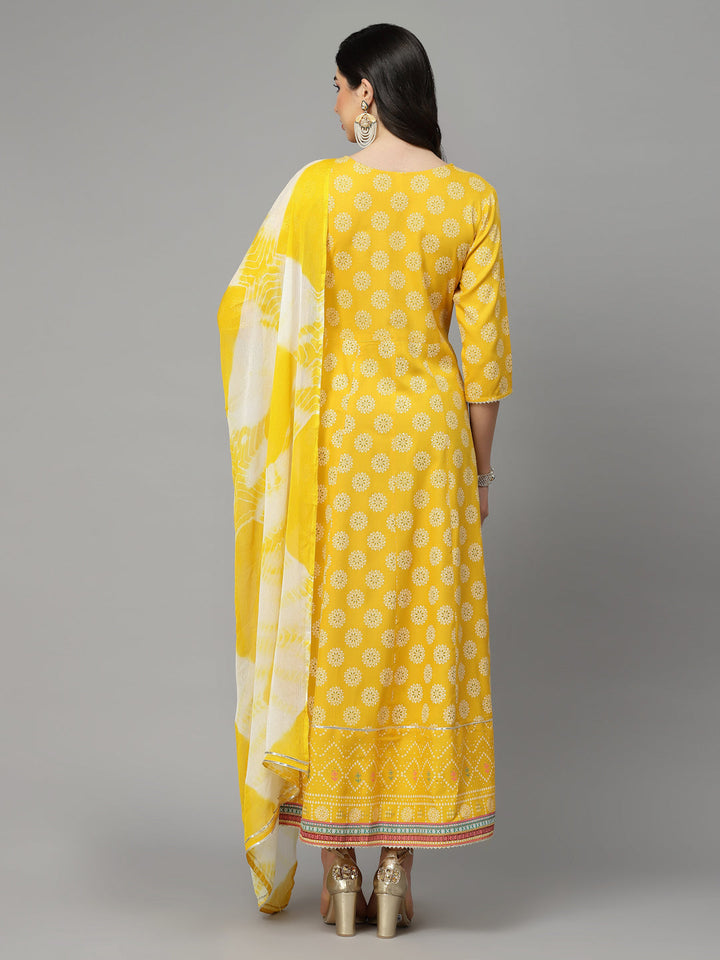 Printed &amp; Embroidered Rayon Anarkali Kurta With Dupatta