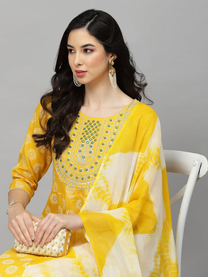 Printed &amp; Embroidered Rayon Anarkali Kurta With Dupatta