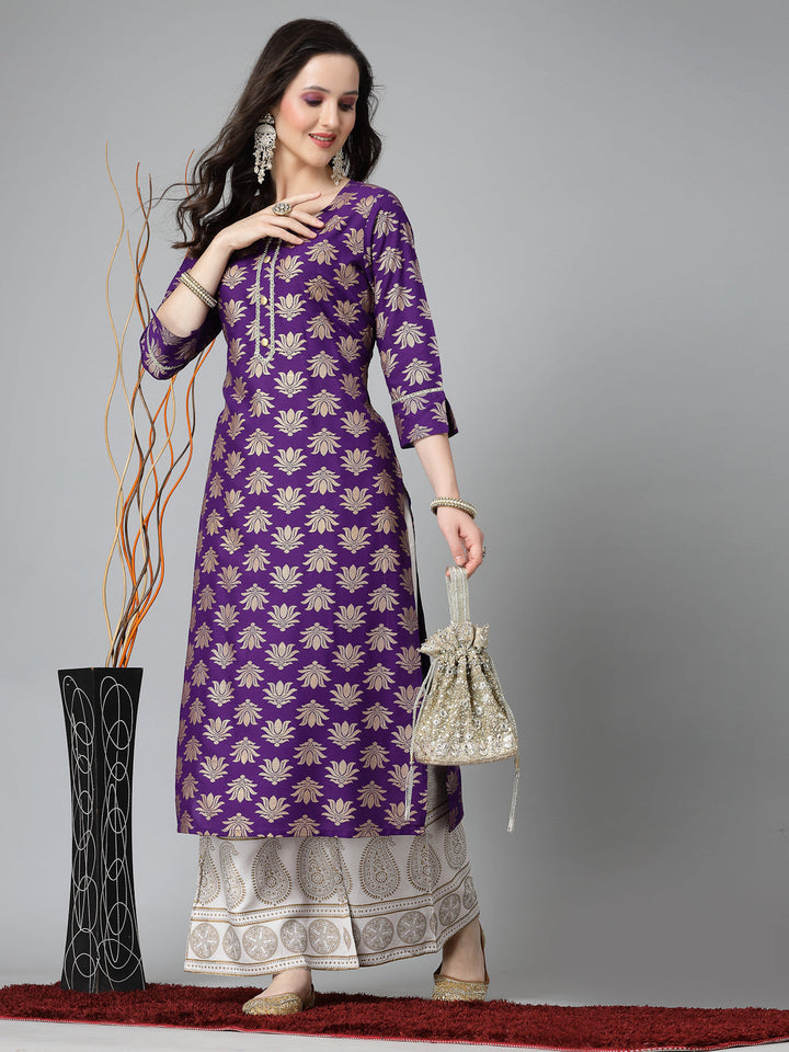 Gold Printed Rayon Straight Kurta
