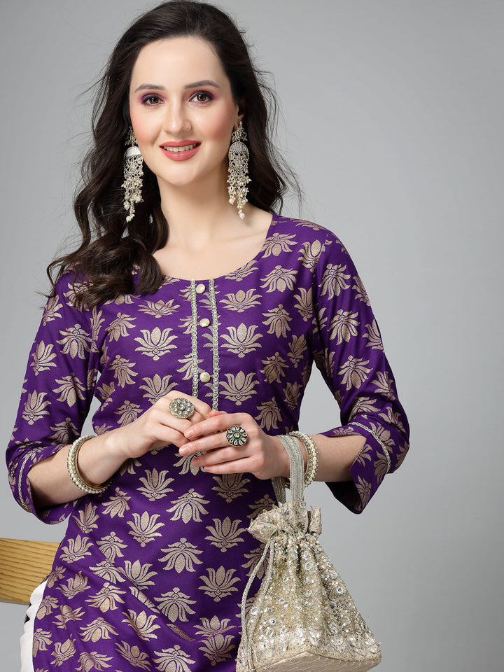Gold Printed Rayon Straight Kurta