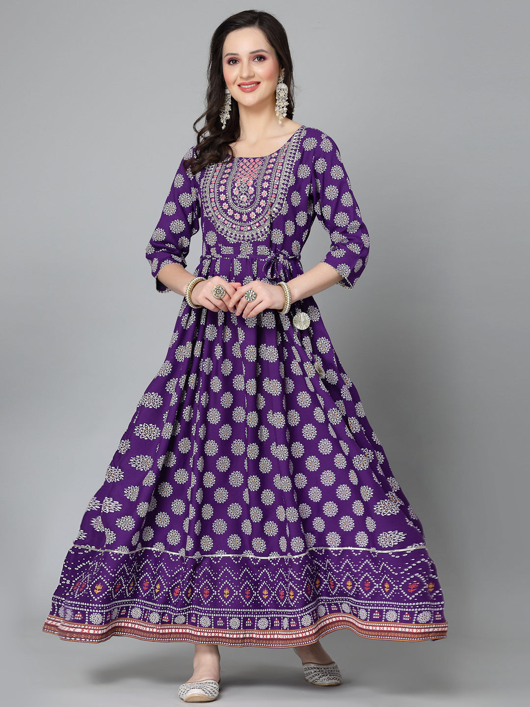 Printed &amp; Embroidered Rayon Flared Kurta
