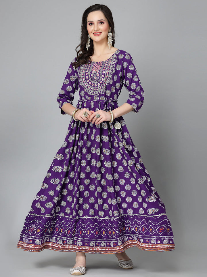 Printed &amp; Embroidered Rayon Flared Kurta