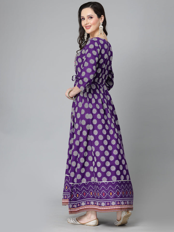 Printed &amp; Embroidered Rayon Flared Kurta