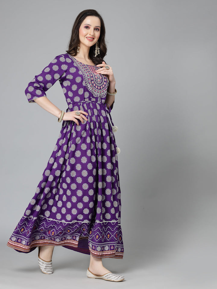Printed &amp; Embroidered Rayon Flared Kurta