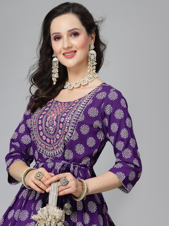 Printed &amp; Embroidered Rayon Flared Kurta