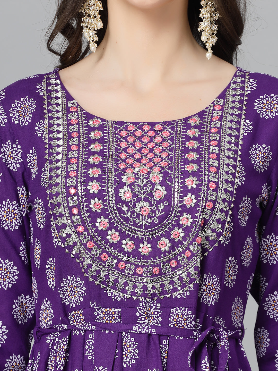 Printed &amp; Embroidered Rayon Flared Kurta