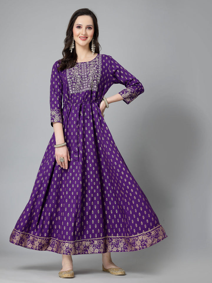 Printed &amp; Embroidered Rayon Anarkali Kurta