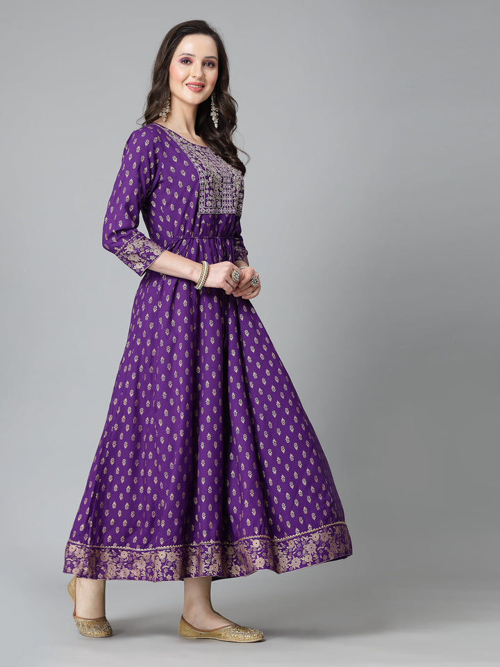 Printed &amp; Embroidered Rayon Anarkali Kurta