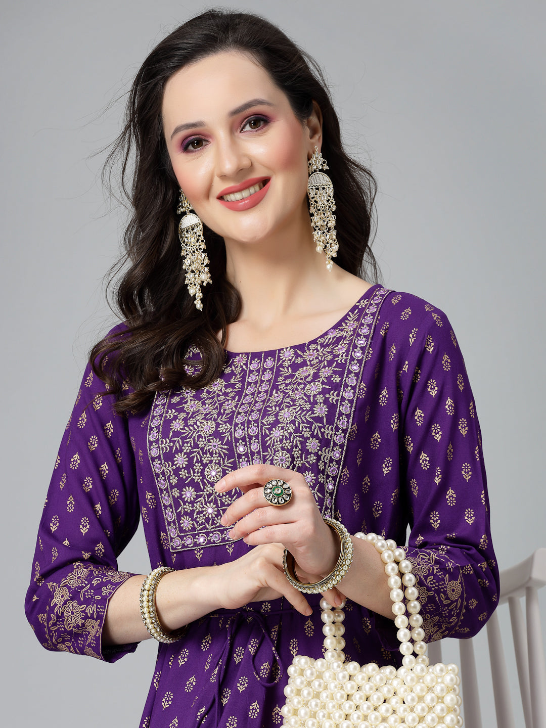 Printed &amp; Embroidered Rayon Anarkali Kurta