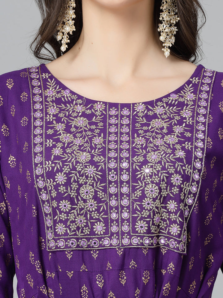 Printed &amp; Embroidered Rayon Anarkali Kurta