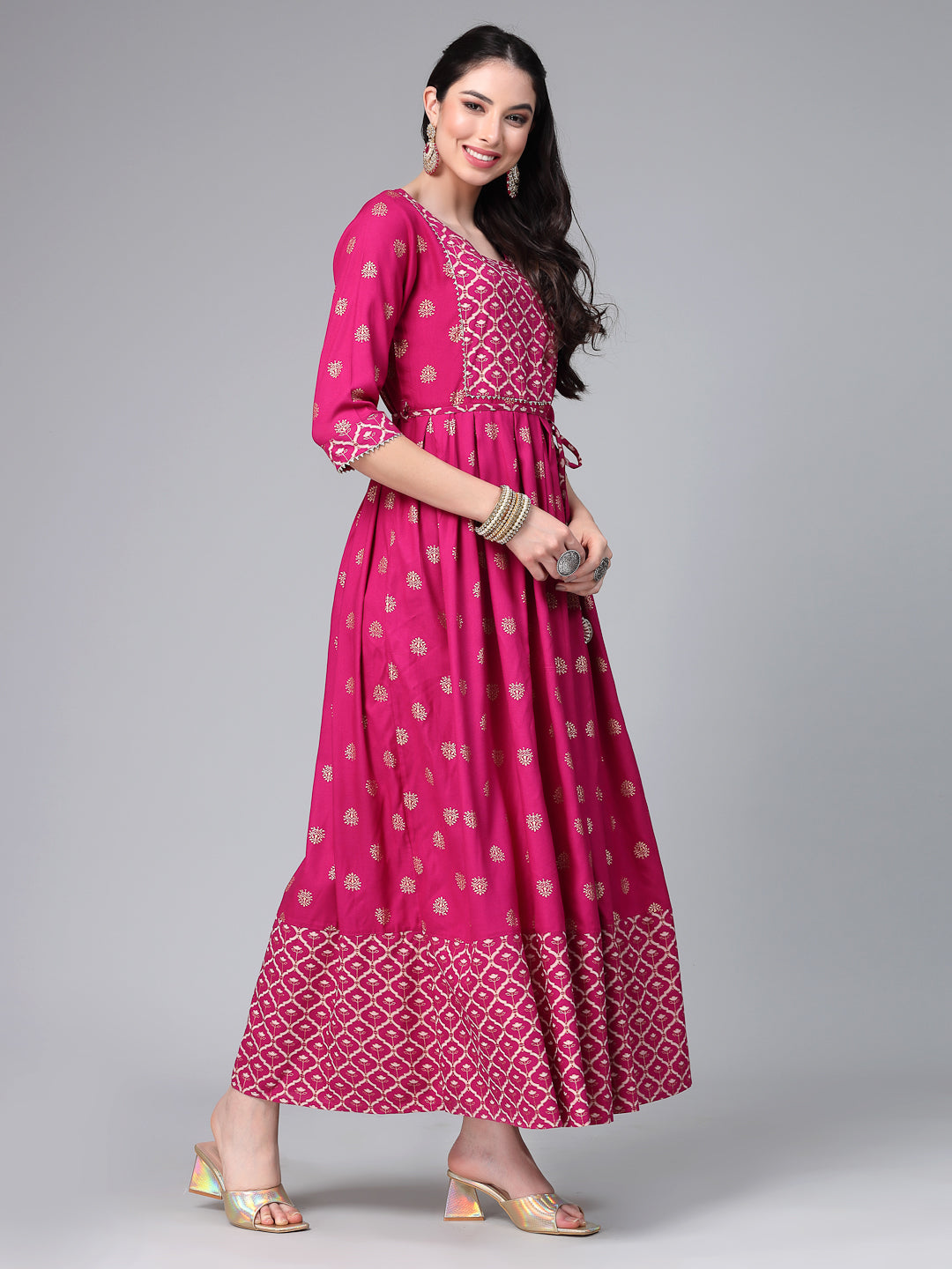 Gold &amp; Khari Printed Rayon Flared Kurta