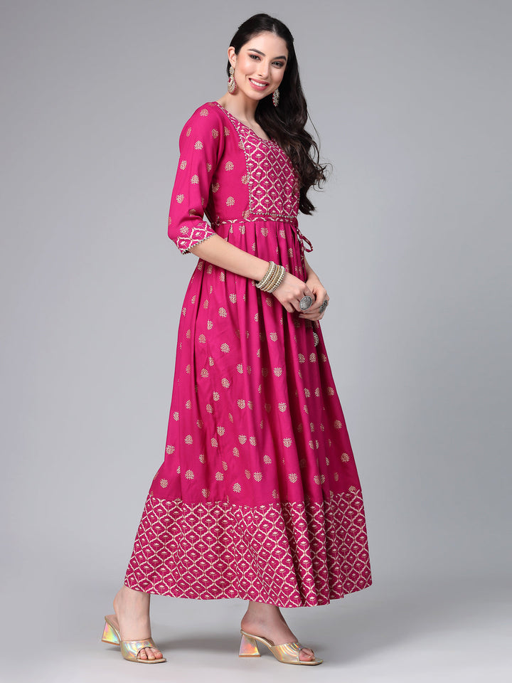 Gold &amp; Khari Printed Rayon Flared Kurta