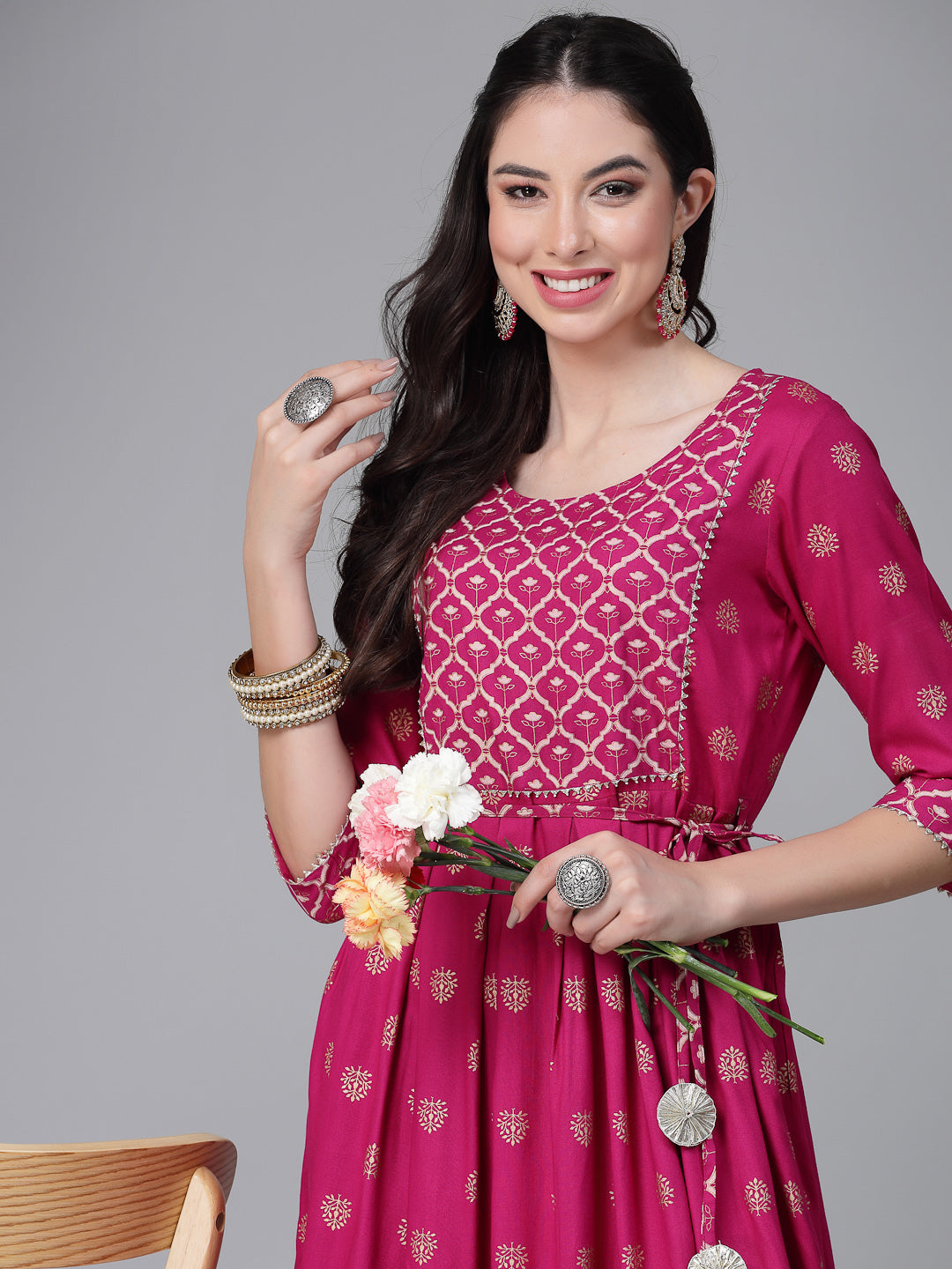 Gold &amp; Khari Printed Rayon Flared Kurta