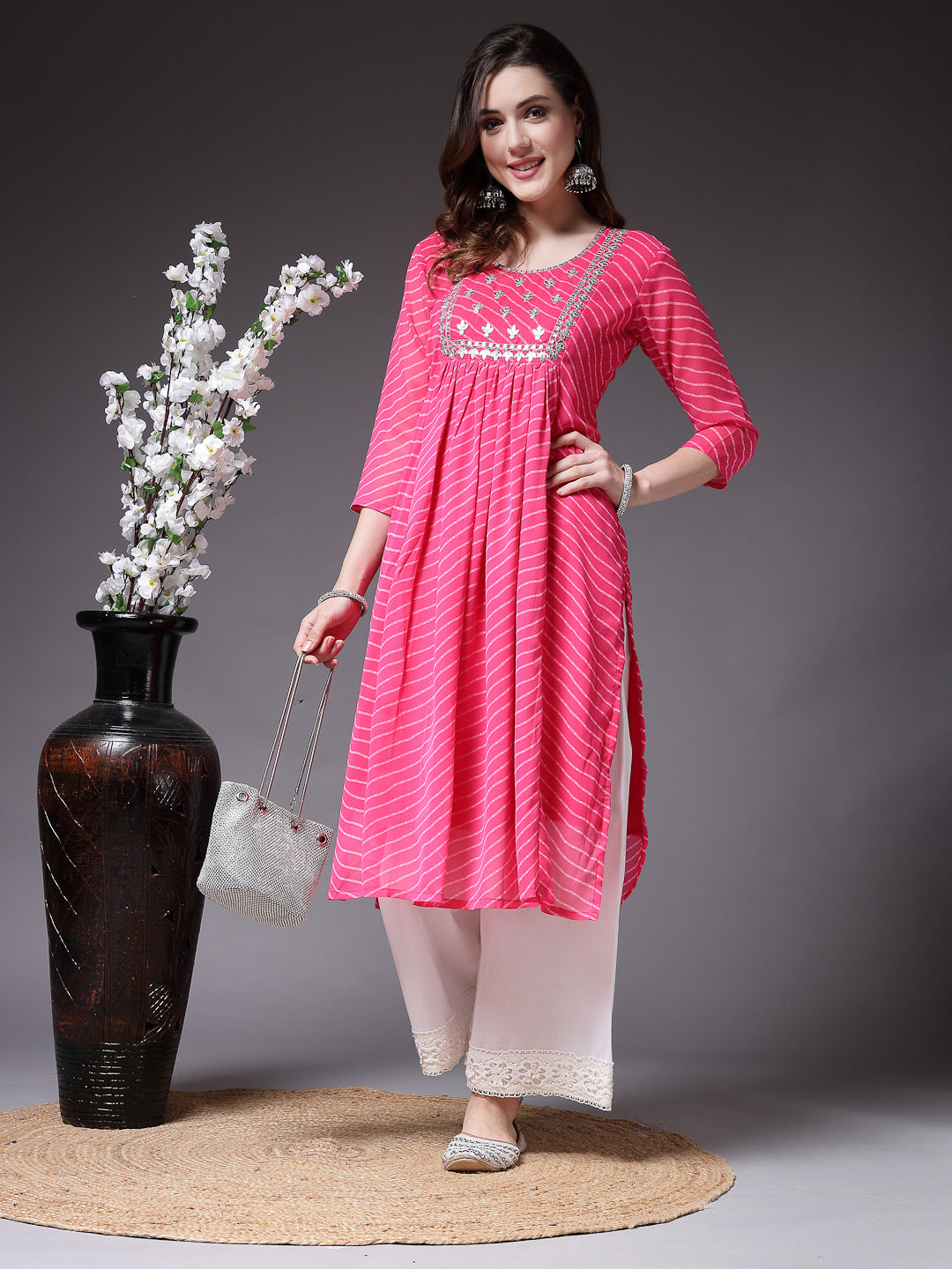 Lehariya Printed &amp; Embroidered Georgette Naira Cut Kurta