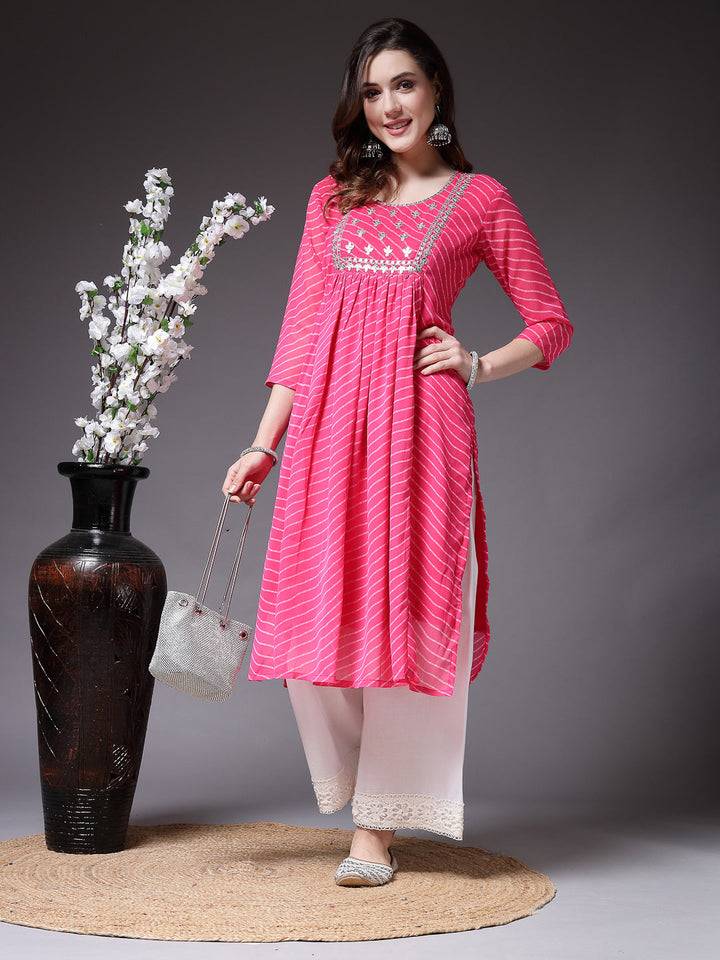 Lehariya Printed &amp; Embroidered Georgette Naira Cut Kurta