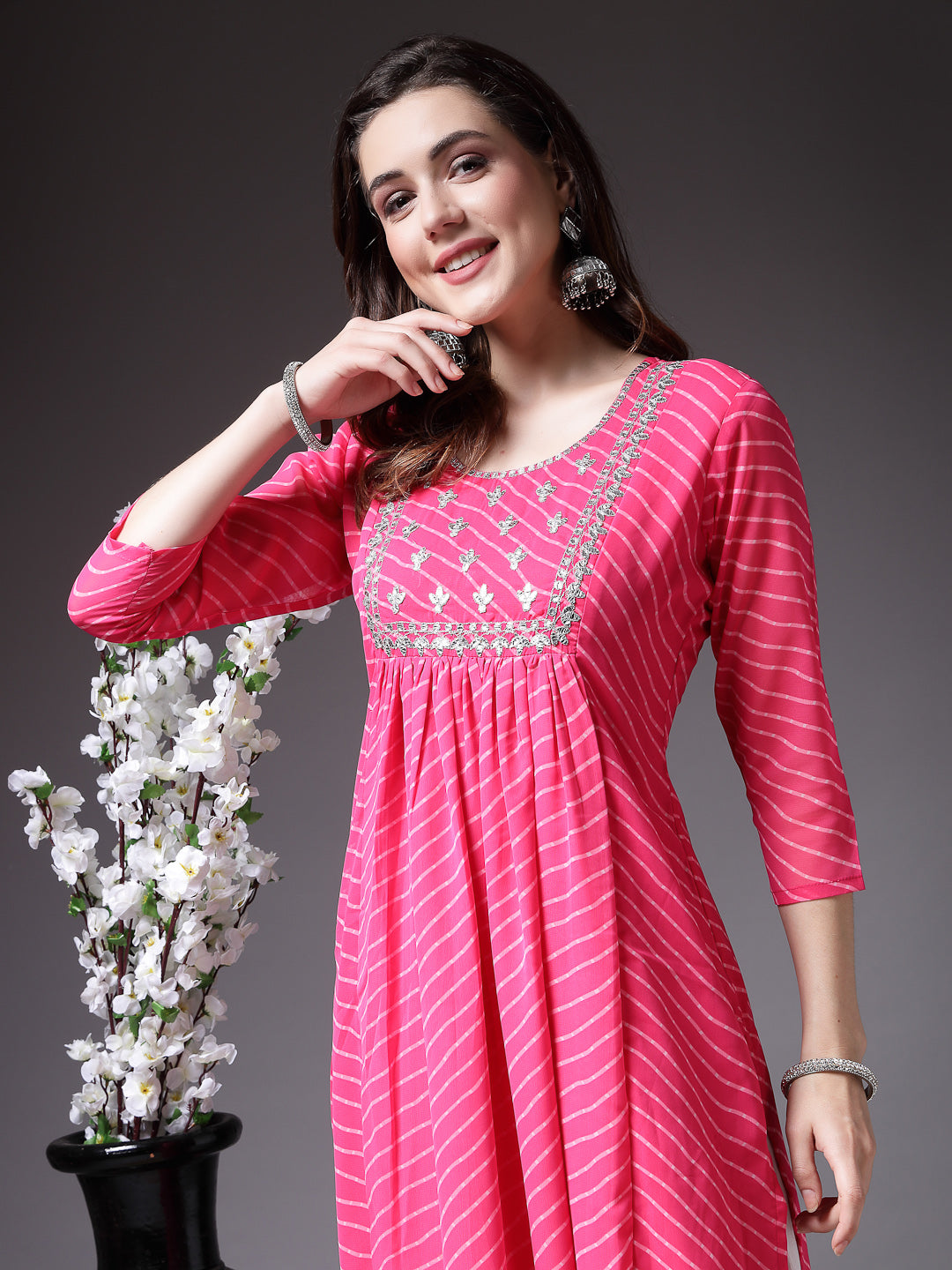 Lehariya Printed &amp; Embroidered Georgette Naira Cut Kurta
