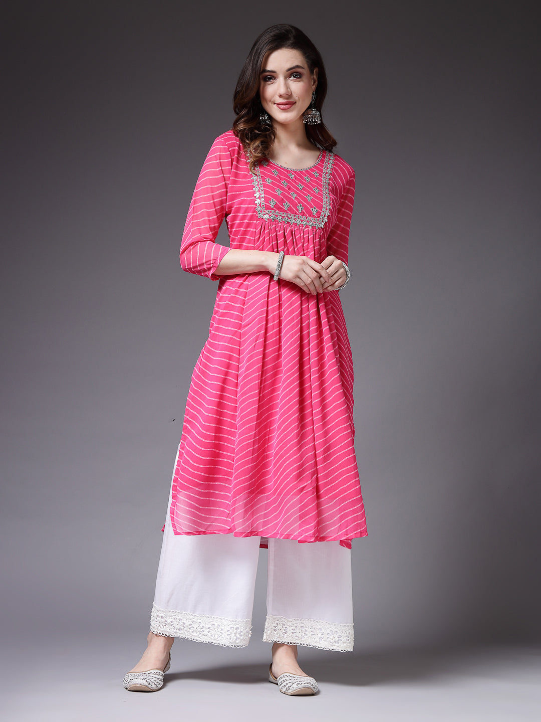 Lehariya Printed &amp; Embroidered Georgette Naira Cut Kurta