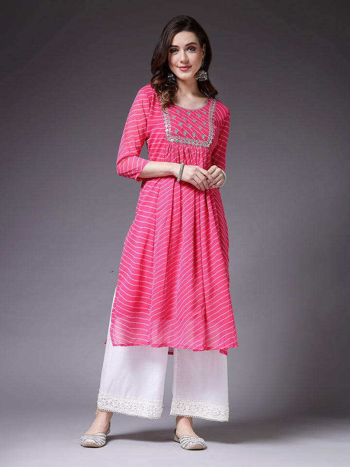 Lehariya Printed &amp; Embroidered Georgette Naira Cut Kurta
