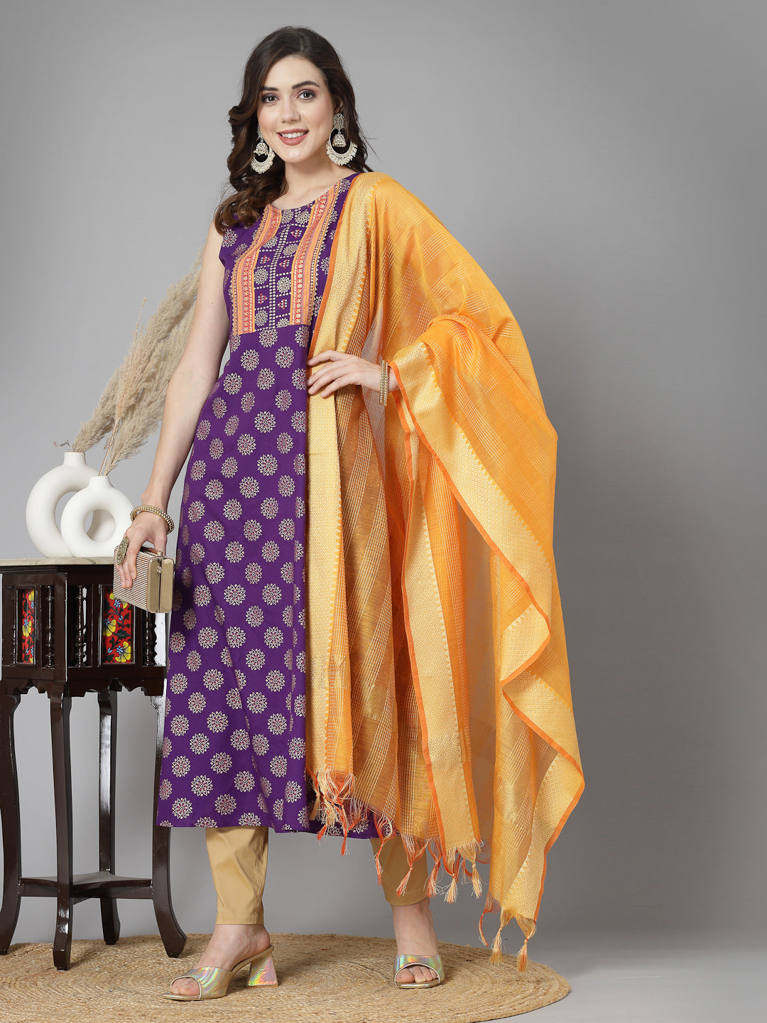 Bandhej Printed Rayon A-Line Kurta with Dupatta