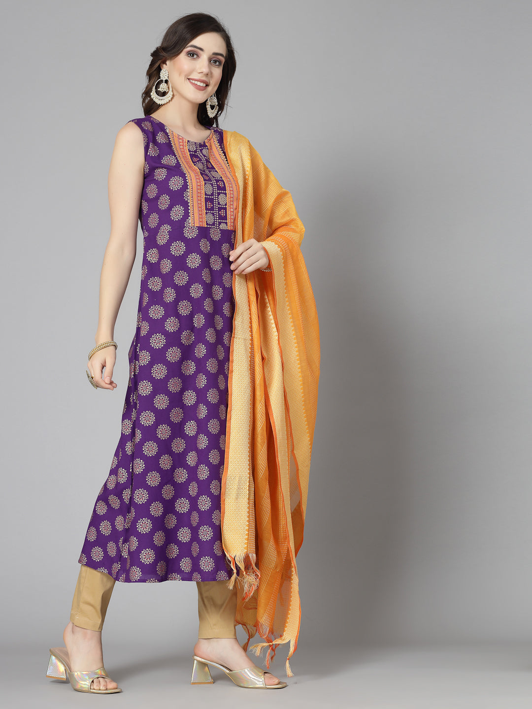 Bandhej Printed Rayon A-Line Kurta with Dupatta
