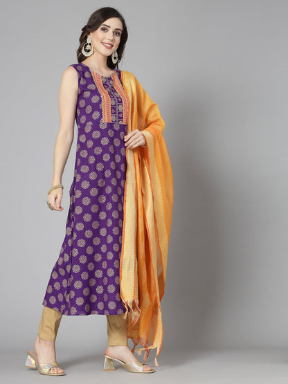 Bandhej Printed Rayon A-Line Kurta with Dupatta