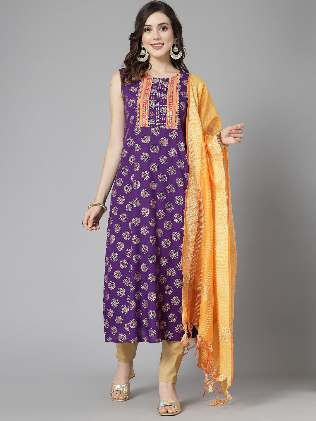 Bandhej Printed Rayon A-Line Kurta with Dupatta