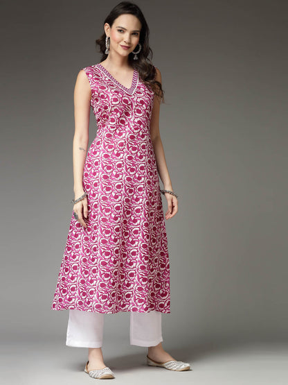 Floral Printed Cotton Blend A-Line Kurta