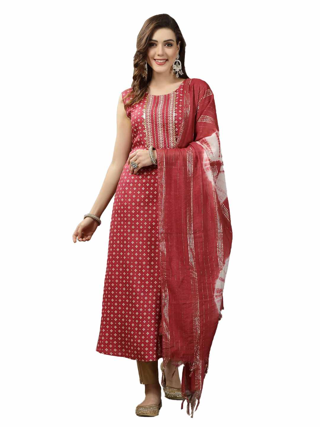 Bandhej Printed Rayon A-Line Kurta with Dupatta