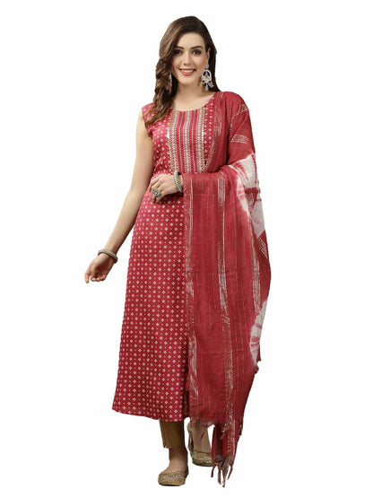 Bandhej Printed Rayon A-Line Kurta with Dupatta