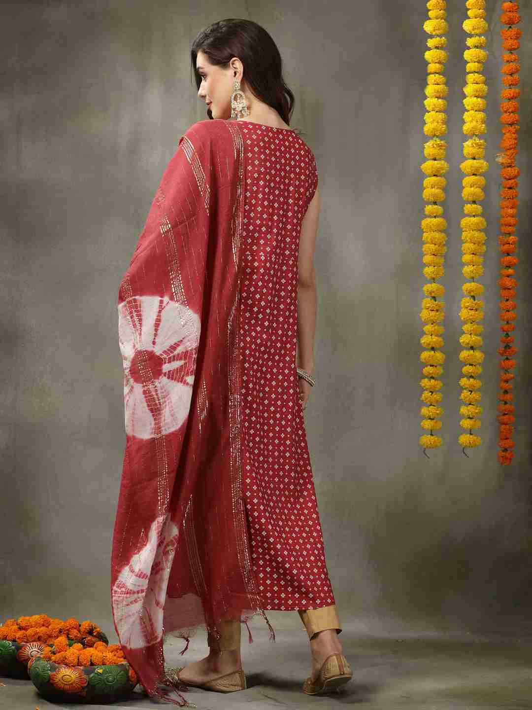 Bandhej Printed Rayon A-Line Kurta with Dupatta