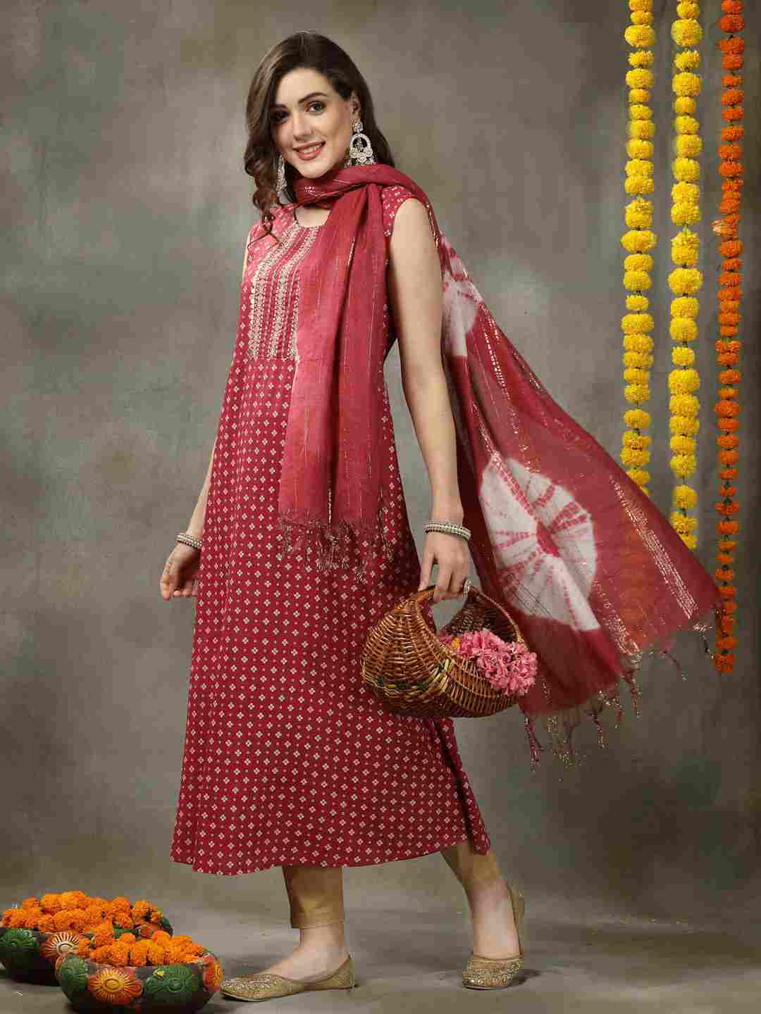Bandhej Printed Rayon A-Line Kurta with Dupatta