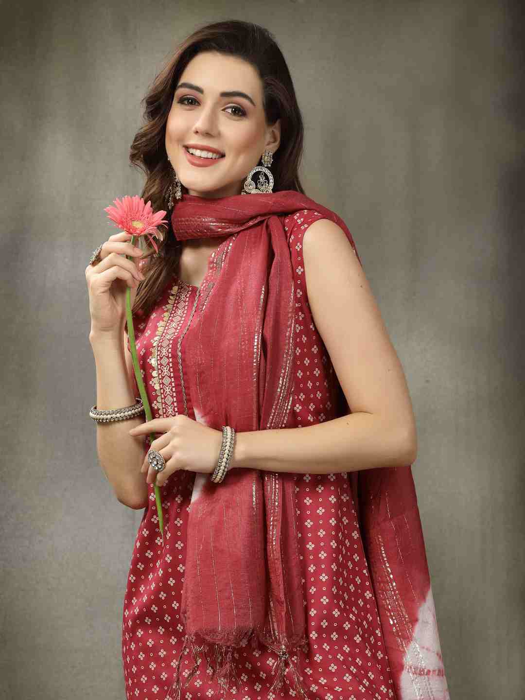 Bandhej Printed Rayon A-Line Kurta with Dupatta