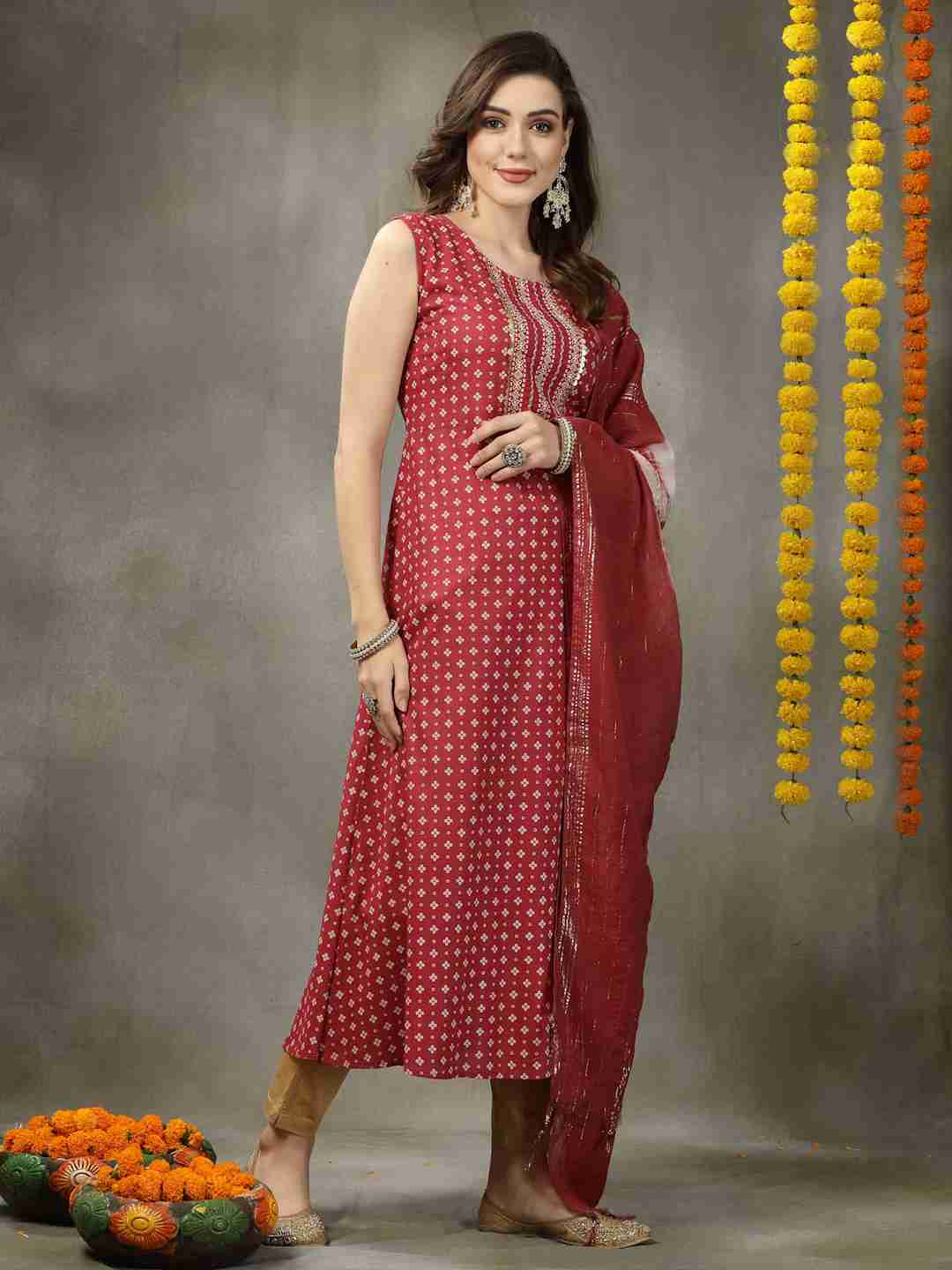 Bandhej Printed Rayon A-Line Kurta with Dupatta