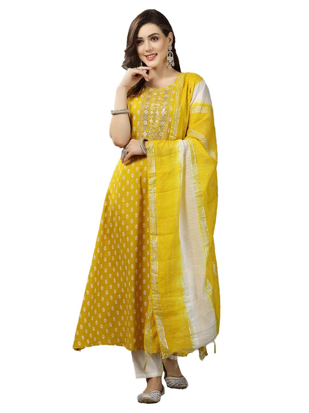 Printed & Embroidered Rayon A-Line Kurta with Dupatta