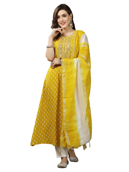 Printed & Embroidered Rayon A-Line Kurta with Dupatta