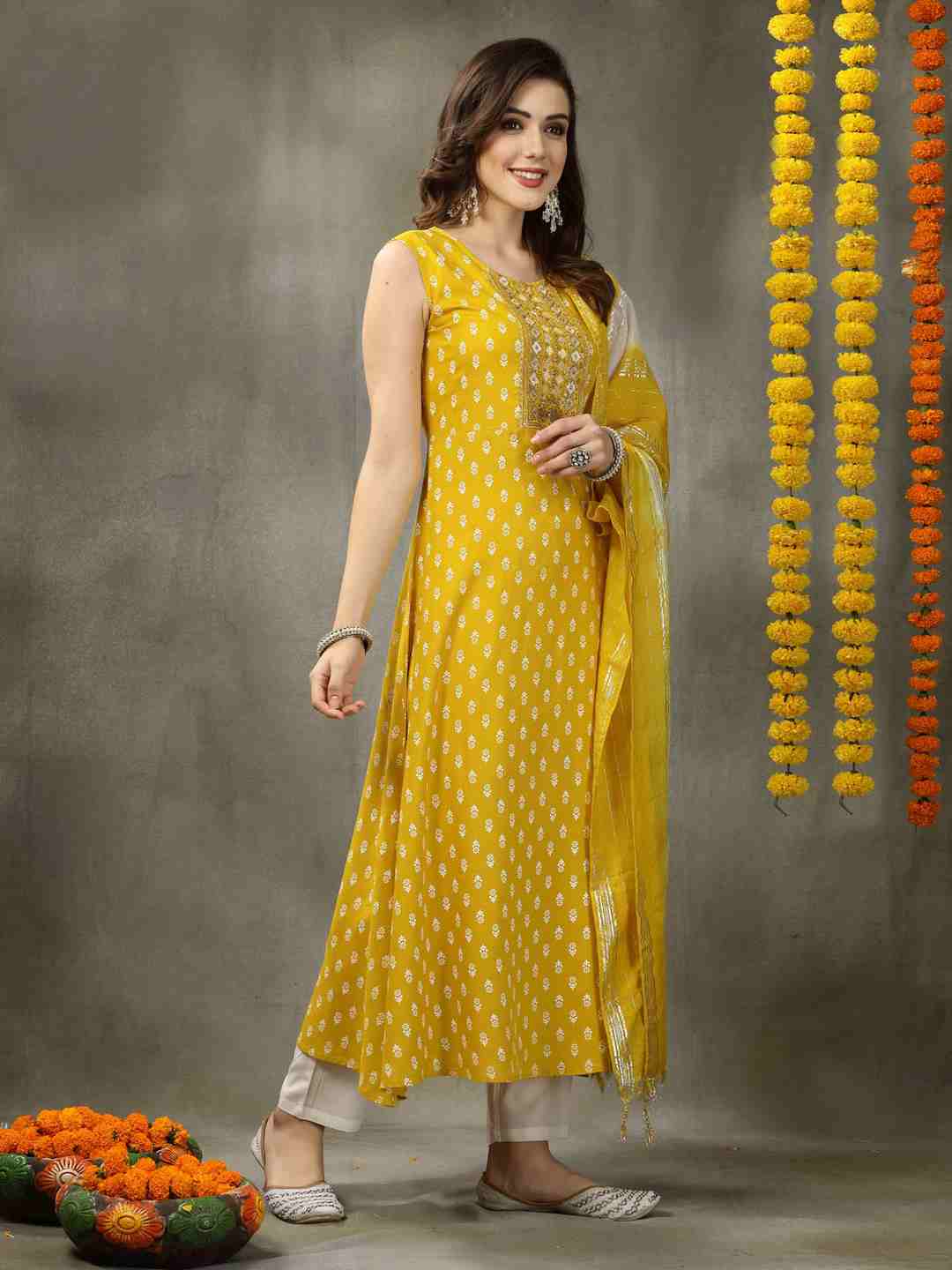 Printed &amp; Embroidered Rayon A-Line Kurta with Dupatta