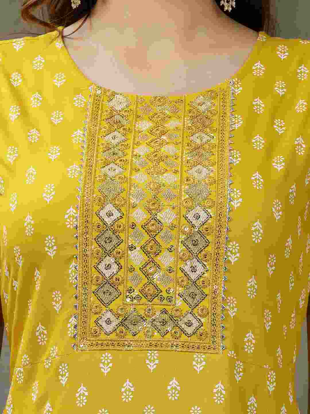 Printed &amp; Embroidered Rayon A-Line Kurta with Dupatta