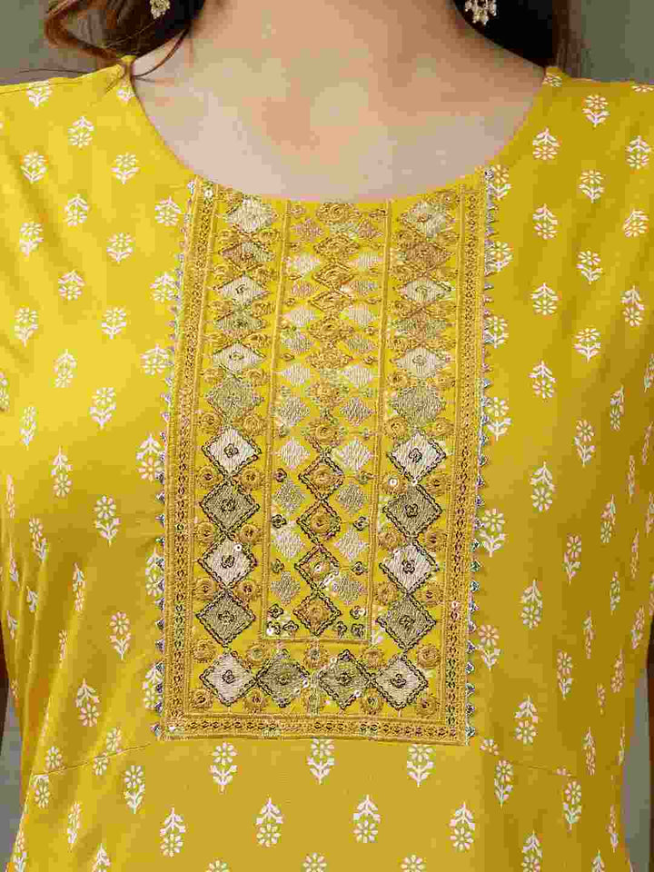Printed &amp; Embroidered Rayon A-Line Kurta with Dupatta