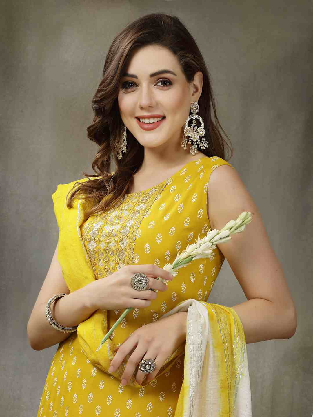 Printed &amp; Embroidered Rayon A-Line Kurta with Dupatta
